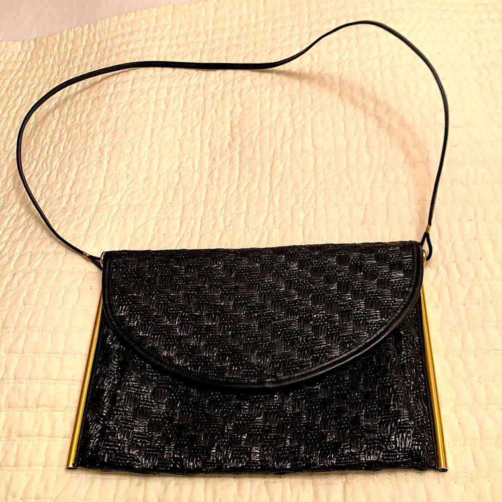 Bellido Vintage Black Leather Shoulder Bag with gold trim